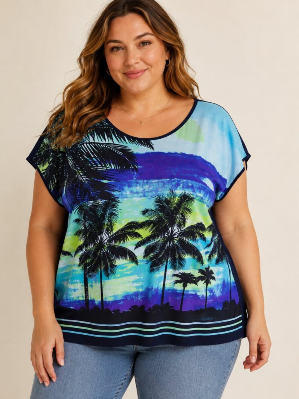 Feelib Feel Liberated Tropical Palm Tree Print Top Women’s XL Navy Blue